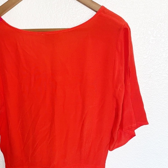 Skies Are Blue Red Orange Colorblock Tie Front Short Sleeve V Neck Mini Dress - Picture 11 of 12